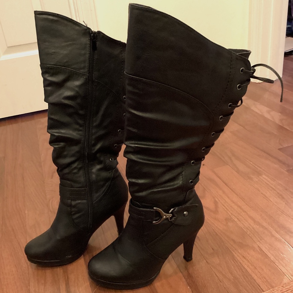 Top Moda. Size 8.5 women’s. Black tall lace up back heeled boots